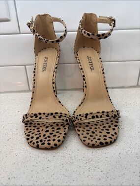 JustFab Beige and Black Leopard Ankle-Strap Heels